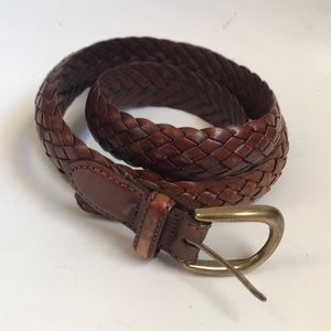 Mens lands end leather belt Lands end brown leather woven belt brass buckle size
